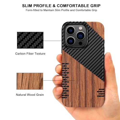TENDLIN Etui kompatybilne z iPhone 15 Pro Hybrydowe etui z drewna i węgla i skóry, kompatybilne z iPhone 15 Pro (Twill)