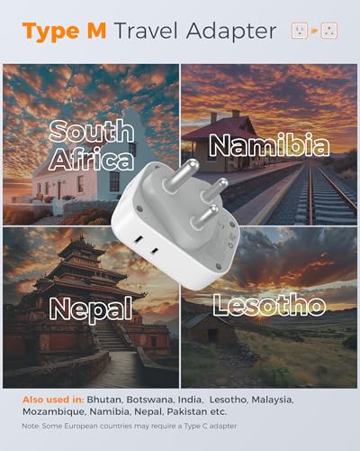 Image of TESSAN South Africa Type M Power Adapter | 4 American Outlets, 3 USB Charger (1 USB C Port), For US to Bhutan Botswana Namibia Nepal