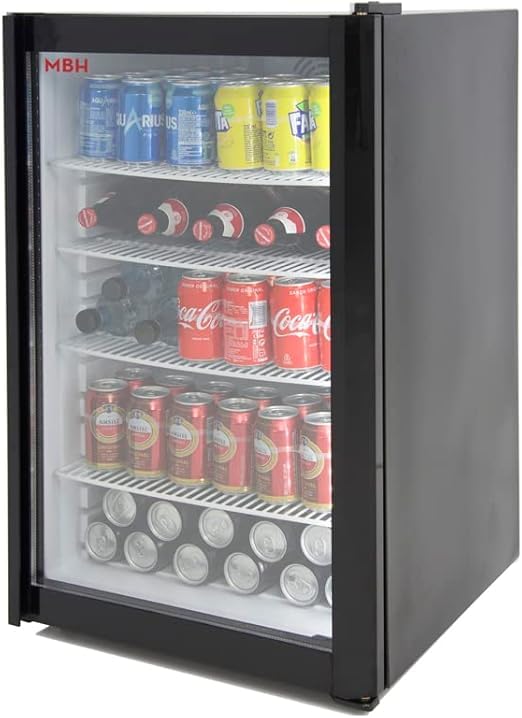 MBH - Nevera expositora profesional 120 litros con puerta de cristal para hostelería. Frigorífico expositor botellero pequeño para bebidas.