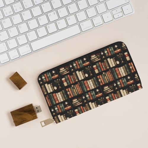 Leather Thin Slim Wallets for Women Men - Fashion Retro Bookshelf Print Card Wallet Holder with Zipper4