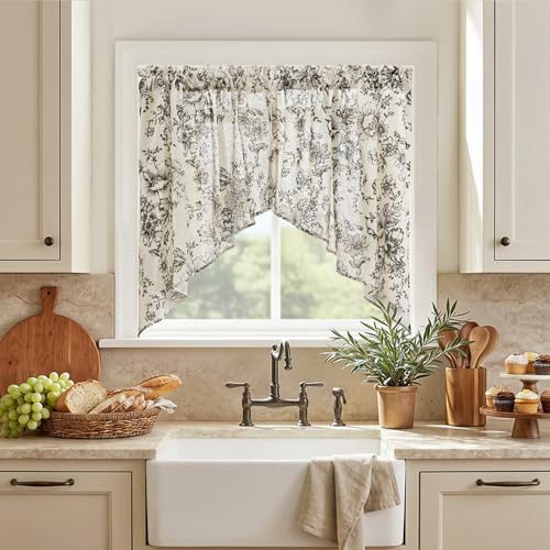 JINCHAN Floral Swag Valance for Windows 36 Inch Farmhouse 2 Panels Black