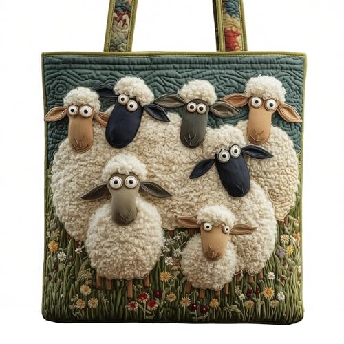 Aodejoy Tragetasche mit Schaf, Handgefertigt Schaf Tasche Lustige Schafmotiv Stickerei Gesteppte Einkaufstasche fur Tierliebhaber, Gepolstertem Griff (#2)