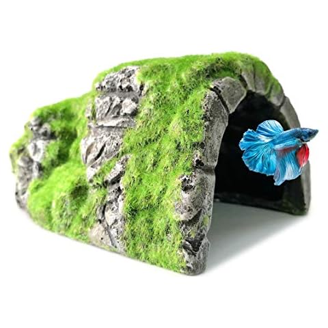 M2cbridge Aquarium Decorations Fish Hideout House Betta Cave with Green Lifelike Moss (Betta Rock Cave) Cover