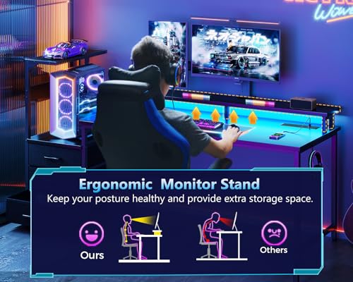 Coleshome 150×50 cm Gaming Desk with LED Lights & Power Outlet, Reversible Computer Desk with Drawers, Gaming Table with Storage & Monitor Stand, Carbon Fiber Black