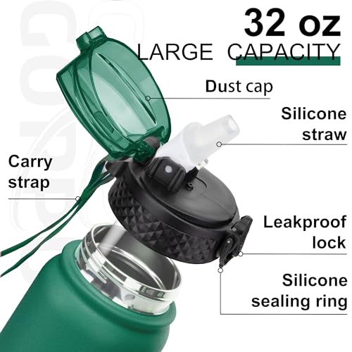 GOPPUS 1L/32oz Stainless Water Bottle with Straw Double Wall Insulated Bottles with Strap Reusable Vacuum Thermal Flask Leakproof Keep Cold Drinks Bottles with Flip Top Lid for Gym Men Women BPA Free - Image 3