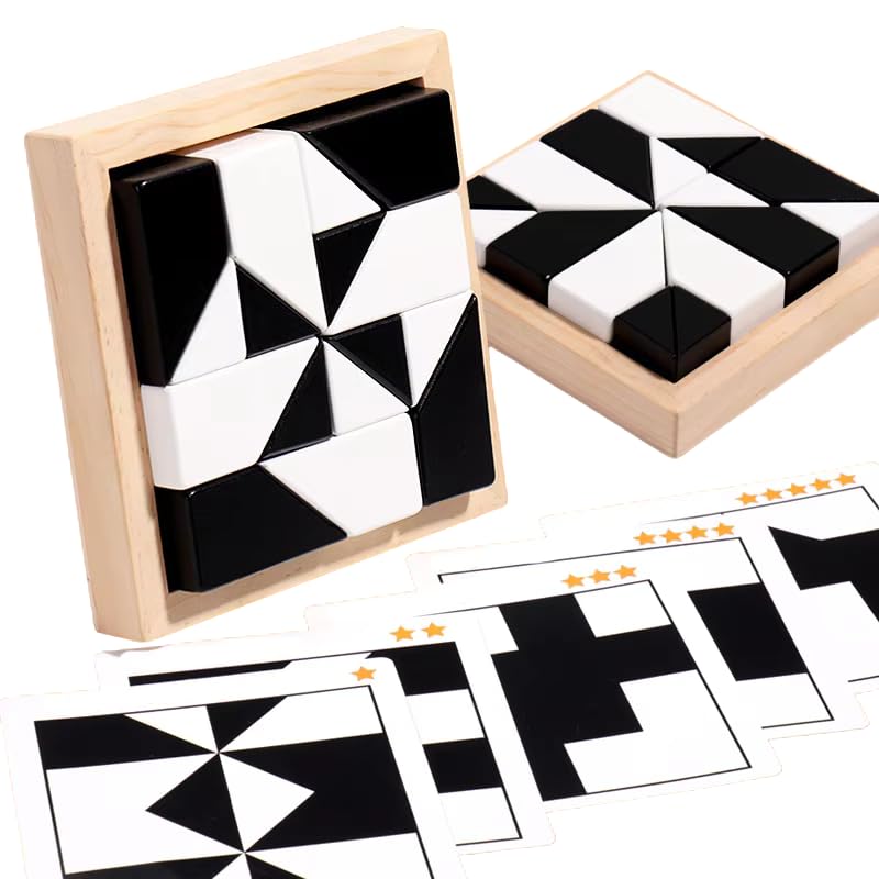 The Ally Wooden Hidden Building Blocks Puzzle Game, Black and White Geometric Blocks, Educational Brain Teaser Game with 40 Double Sided Cards-image-24