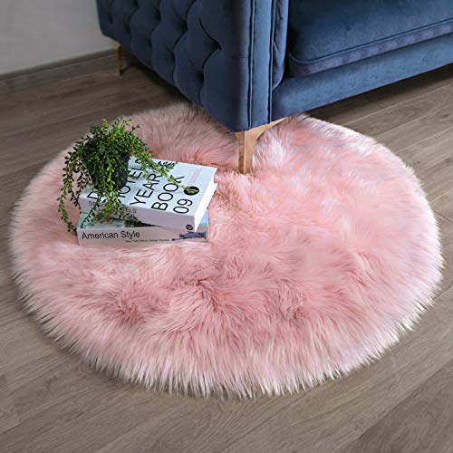 Ashler Faux Fur Pink Round Area Rug Indoor Ultra Soft Fluffy Bedroom Floor