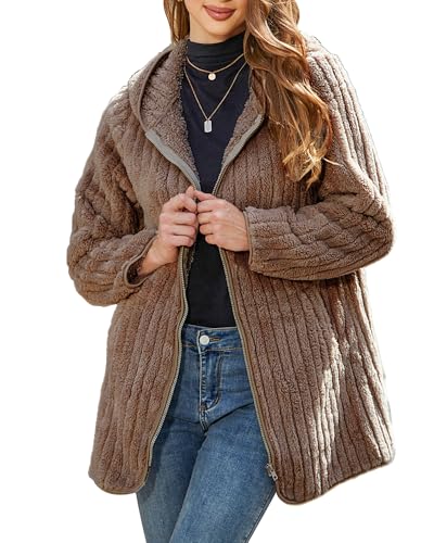 Womens Fleece Jacket Hooded Winter Warm Full Zip Long Sleeve Sherpa Jacket Coat Outerwear with Hood (S-5XL)