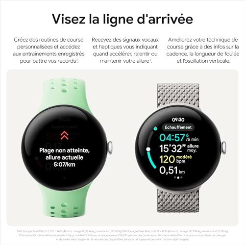 Google Pixel Watch 3 (45 mm) — Boîtier en Aluminium Sauge Mat — Bracelet Vert Sauge — Wi-FI