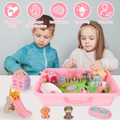 Vextronic Pet Sensory Bin for Toddlers 1-3, Dog & Cat Sandbox with Lid, Play Sand Kit with 2.2lbs Sensory Sand for Kids, Pet Sensory Box, Pretend Beach Toy Birthday Gift for Girls Boys 3 4 5 6 7 8