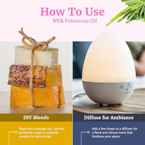 Image of SVA Palmarosa Essential Oil 4 Fl Oz - for Diffuser, Skin & Hair Care - Ideal for Massage & DIY Blends - with Dropper