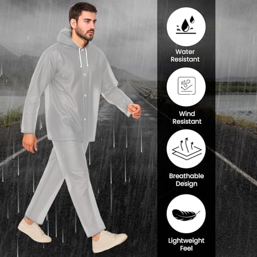 Image of Pivalo EVA Rainsuit Set 75 GSM with Adjustable Hood Full Sleeves Lightweight Raincoat with Pants waterproof Reusable Outdoor Travel Rainwear for Bike Riders Men (Pack of 1, Grey)