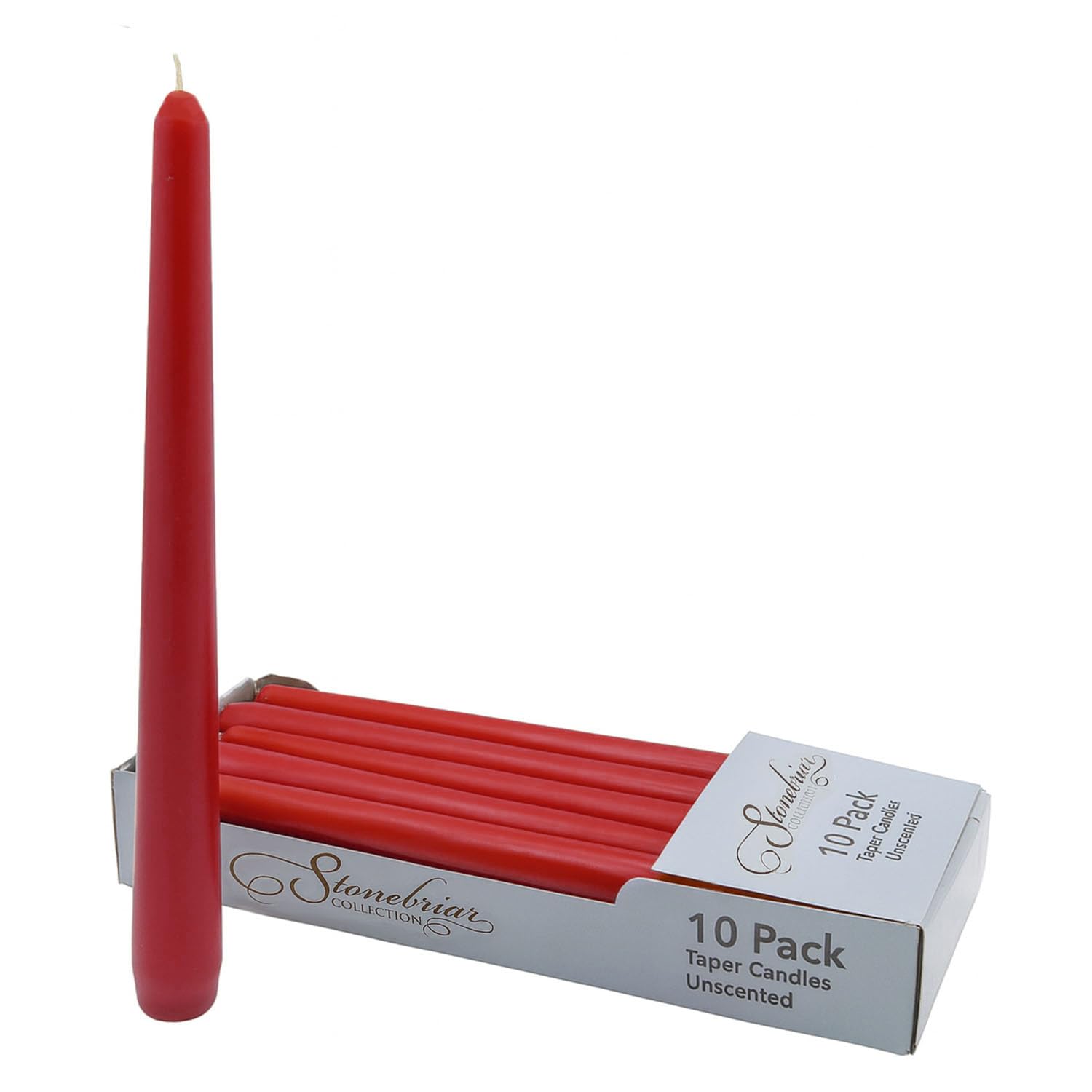Stonebriar Unscented Taper Candles — 7 Hour Burn Time, Candle Stick Candles for Weddings, Holidays, Home Décor &amp; Special Events, Pack of 10, Red, 10"