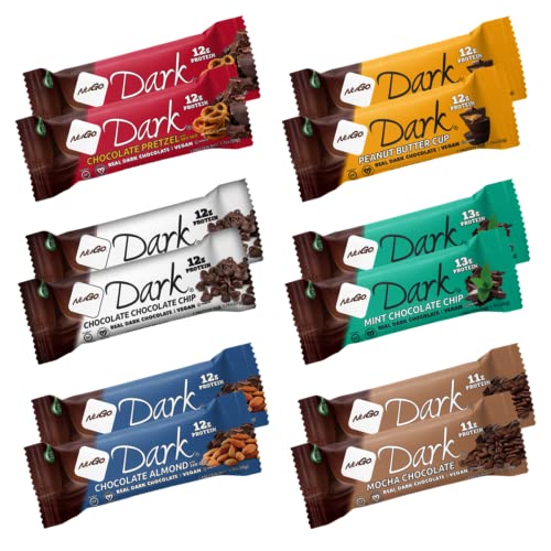 Image of NuGo Dark Variety Box - Pretzel, Chocolate Chip, Mint Chocolate Chip, Mocha, Peanut Butter Cup and Almond, 11-12g Protein, Vegan, Gluten Free, Kosher Pareve, 12 Count Variety