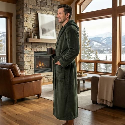 Image of FashGudim Mens Robes Big and Tall with Hood Two-Tone Flannel Fleece Contrast Bathrobe Full Length Plush Long Robe House Coat