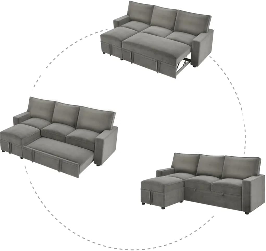 82.1" Reversible Sectional Sofa with 2 Pull-Out Sleepers, Space Saving Functional Sofa Bed, Chaise with Loveseat,Grey