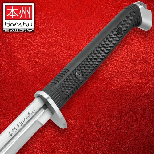Honshu Boshin Double Edge Sword | 40 13/16" Overall | 30 1/2" 1060 High Carbon Steel Blade | Textured TPR Handle | Wooden Scabbard - Thumbnail 7