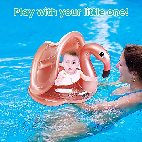 Arcimatto Baby Swimming Pool Floats With Removable Sun Protection Canopy, Cute Inflatable Raft With Seat And Handle, No Flip Over Kids Infants Boat Swim Ring For Toddler 4-48 Months (Glitter Flamingo) #TOP1