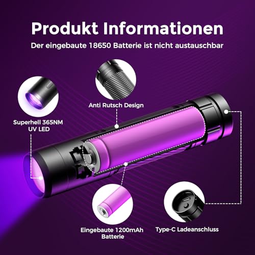 GEARLITE Wiederaufladbar LED UV Schwarzlicht Taschenlampe, Leicht Mini UV Lampe Ultraviolettes Licht mit 395nm Robust Wasserfest für Bernsteinsuche Geocaching Heimtierurindetektoren Unechte Banknoten