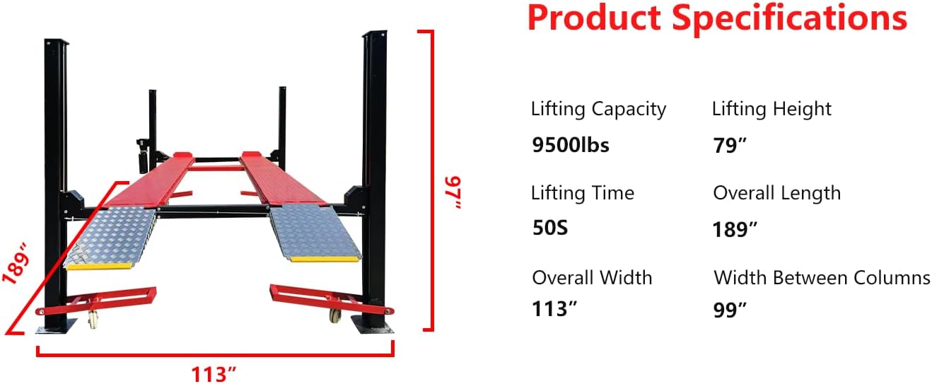 KATOOL 9500lbs Heavy Duty 4/Four Post Car Lift 3.0HP Lifting Capacity, 84" Max Lifting Height, Aluminum Ramp, with Caster(Moving Kit) Oil Tray Jack Tray, Storage Parking Car Lift Home Service, 110v