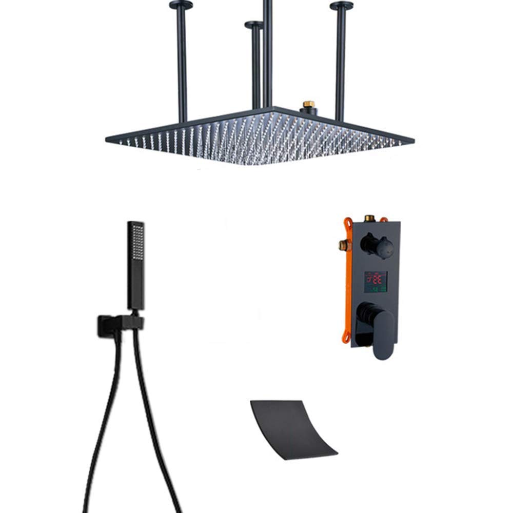 20 Pollice con Display Digitale, Miscelatore Pioggia Nero Doccia Combo Set Soffitto Bagno Doccia Rubinetto Set con Soffitto, Doccetta, Cascata Vasca Beccuccio Vasca