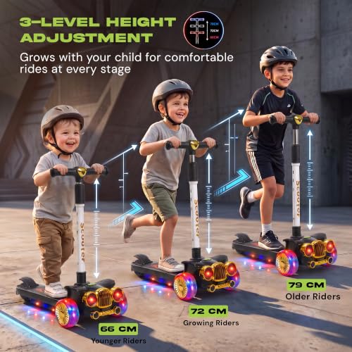 Image of Baybee Twirlo Baby Kick Scooters for Kids with 3 Height Adjustment | Foldable Skating Scooter with Foot Brake | Kids Scooter with RGB Lights & Music | Runner Scooters for Kid 2-10 Years (Black)
