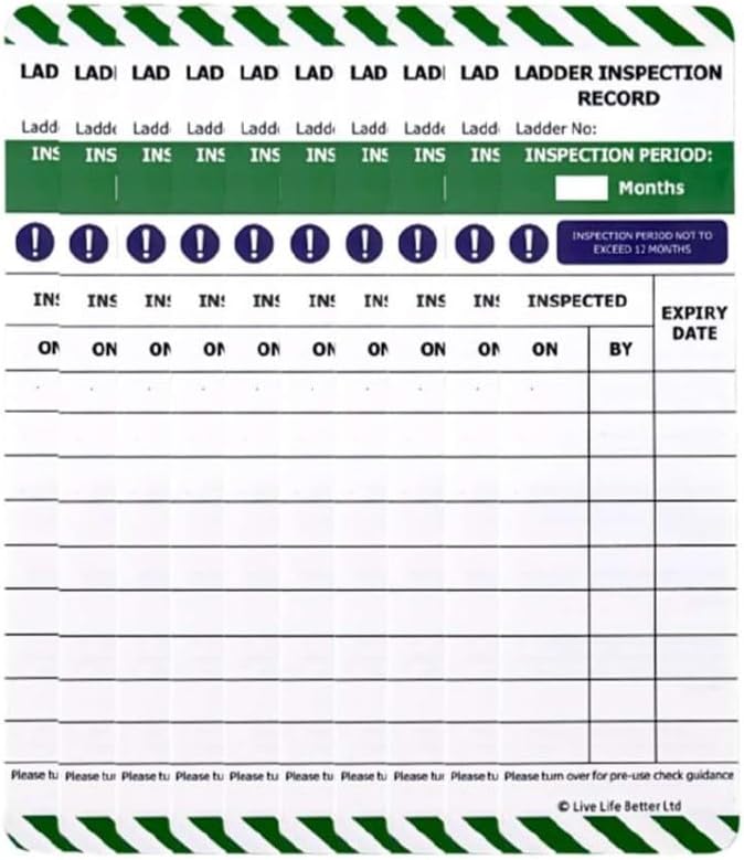LIVELIFEBETTER® Ladder Tag - 10 Inserts - For Ladder Safety Inspection - Durable Polypropylene (PP) Tags - UK:HSE Compliant