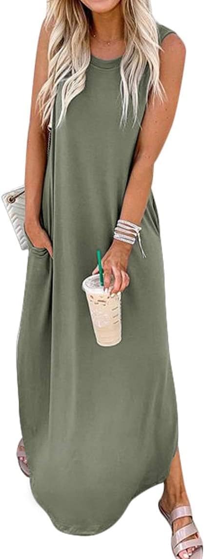 Women's Loose Sundress Long Dress Sleeveless Split Maxi Dresses 2026 Summer Beach Dress with Pockets