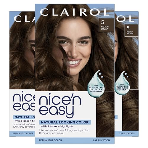 Clairol Nice'n Easy Permanent Hair Dye, 5 Medium Brown Hair Color, Pack of 3 - Packaging May Vary