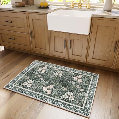 Image of Washable Entry Vintage Floral with Ornate Border Rug 2x3 - Front Door Rugs Indoor, Non-Slip Bathroom Small Rugs, Vintage Floral Style Rug for Kitchen, Perfect for Entryway Decor
