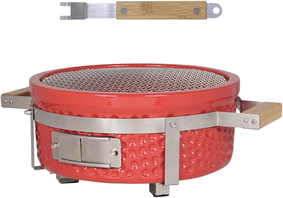 Yakitori Charcoal Grill, Japanese Ceramic Tabletop BBQ Grill with Stainless Steel Stand & Grid Lifter, Portable Indoor/Outdoor Hibachi Grill for 2–5 People, 16"x9", Red, Gift for Chrismas