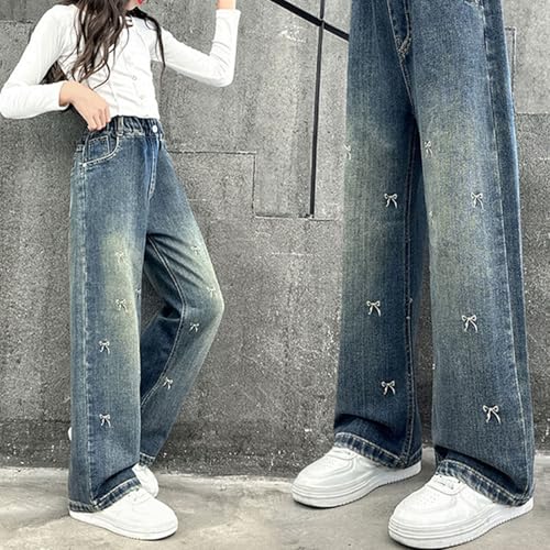 Kids Girls Baggy Wide Leg Jeans Straight Elastic High Waist Bow Distressed Denim Pants Vintage Y2k Streetwear Pockets3
