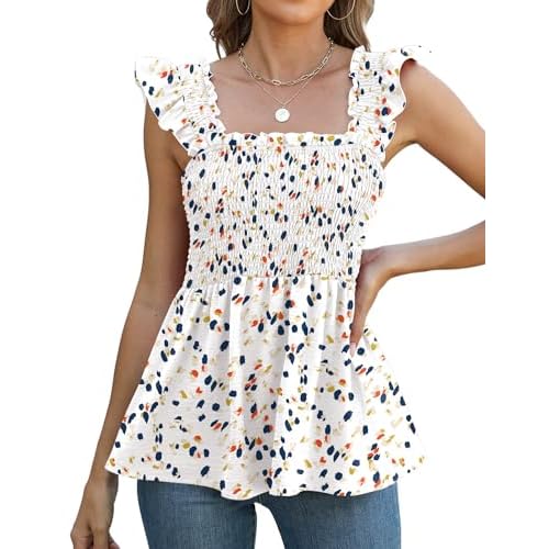 LOMON Womens Tank Tops Fashion Summer Ruffle Flying Sleeve Smocked Blouses Square Neck Sleeveless Shirts Babydoll Shirt