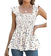 LOMON Womens Tank Tops Fashion Summer Ruffle Flying Sleeve Smocked Blouses Square Neck Sleeveless...