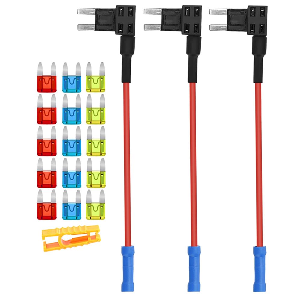 Aiqeer 3 Stuks 12V / 24V Klein Add-a-Circuit Zekering Adapter, Auto Piggyback Zekeringhouder met 16 AWG Draad, Gratis 15 Stuks Mini Bladzekeringen en Zekeringtrekker (Krimp Terminal