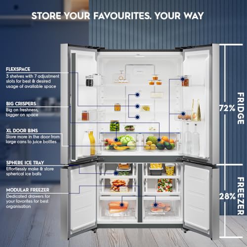 Image of Electrolux 547L 4 Door Side by Side Refrigerator, Bottom Mount Freezer, GreenZone, QuickFreeze, XL Door Bins, Cooling360, Inverter, French Door, UltimateTaste 600, EQE5400D-S, Stainless Steel