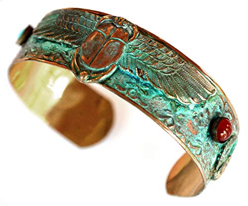 Elaine Coyne Wearable Art Patina Egyptian Motif Winged Scarabs Cuff - Carnelian, Turquoise