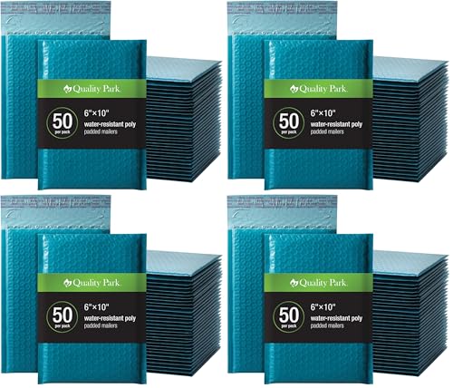 Image of Quality Park Bubble Mailers, 6 x 9 Inch, Blue Poly Mailers, Padded Envelopes, Shipping Envelopes, Water Resistant, Self Seal, 50 Per Box (QUA85862) (Pack of 4)