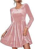 Chigant Women's Velvet Long Sleeve A Line Flowy Elegant Evening Night Mini Dress Dusty Pink