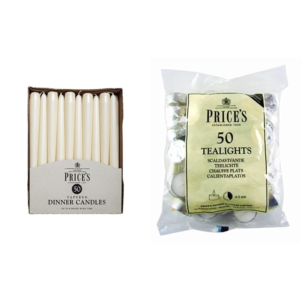 Price'sCandles - Tapered Dinner Candles - Pack of 50 - Ivory - Dripless - Unscented - 7 Hour Burn Time & Prices Patent Candles White Tealights Bag, Pack of 50, Wax, l x 3.8cm w x 1.8cm h