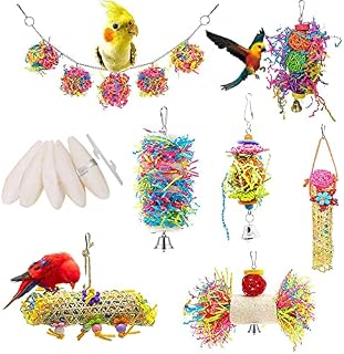 BIPY 12PCS Bird Chewing Toys Natural Cuttlefish Bone for Parrot Shredding Loofah Foraging Cage Toy with Rattan Ball Pet Birds Stand Toys for Parrots Parakeets Budgie Cockatiels Macaws