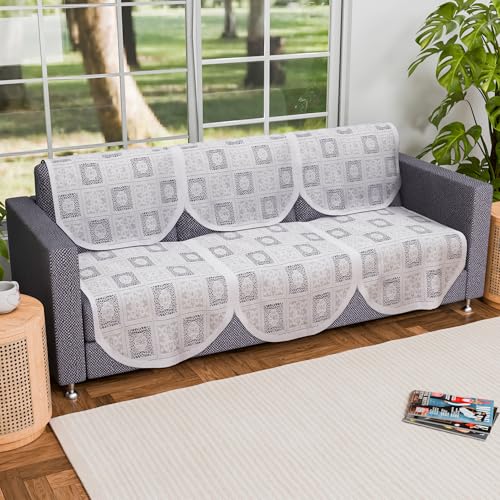 Image of Kuber Industries (Set of 6) Stylish & Durable Cotton Sofa Covers 3 Seater | Washable Sofa Protector /Mat | Suitable Slipcover for Living Room & Office | Square Flower - White