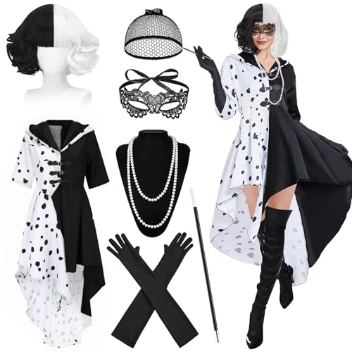 HIQE-FL Carnaval Cruella Disfraz para Mujer,Disfraz de Cruella Deville,con Máscara de Encaje Guantes Joyería de Perlas Disfraz peluca,para Fiesta Temática Carnaval Cosplay Mardi Gras,Halloween