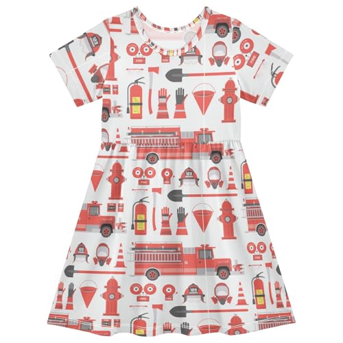 Aflyko Girls Short Sleeve Dress Fire Truck Red Equipment Toddler Everyday Dresses