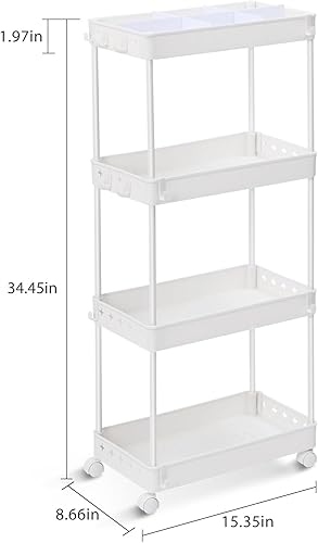 Miniatura 5 de TOOLF Carrito utilitario de 4 niveles con ruedas, carrito de almacenamiento rodante con divisor ajustable y ganchos, organizador de carrito para