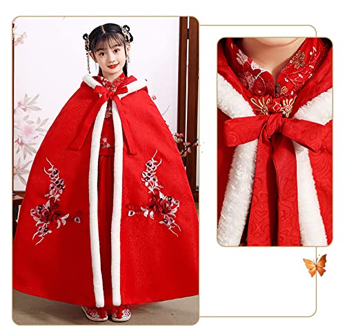 Red Embroidery Cape with Hood Chinese Style Winter Coat for Girl 4-16 Years4