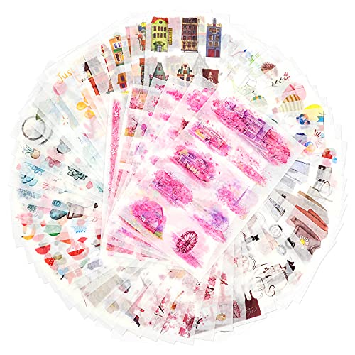 72 hojas de calcomanías para álbumes de recortes, calcomanías de papel washi, calcomanías para planificador, 12 temas surtidos para diario, álbum, diarios, manualidades y manualidades (viajes) Cover