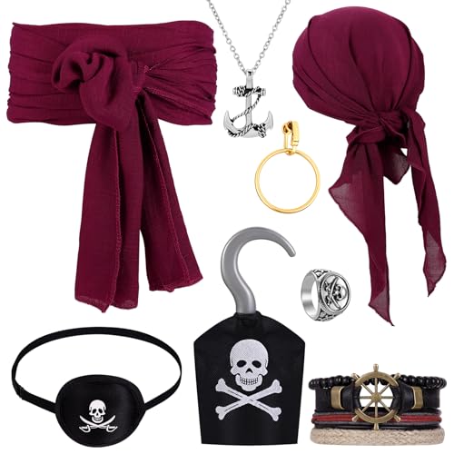 Camptrip 8 Stück Piratenkostüm Damen Herren mit Piraten Kopftuch Hüfte Tuch Augenklappe Ohrringe Totenkopfring Ankerkette Armband & Captain Hook Pirate Accessories für Karneval Halloween