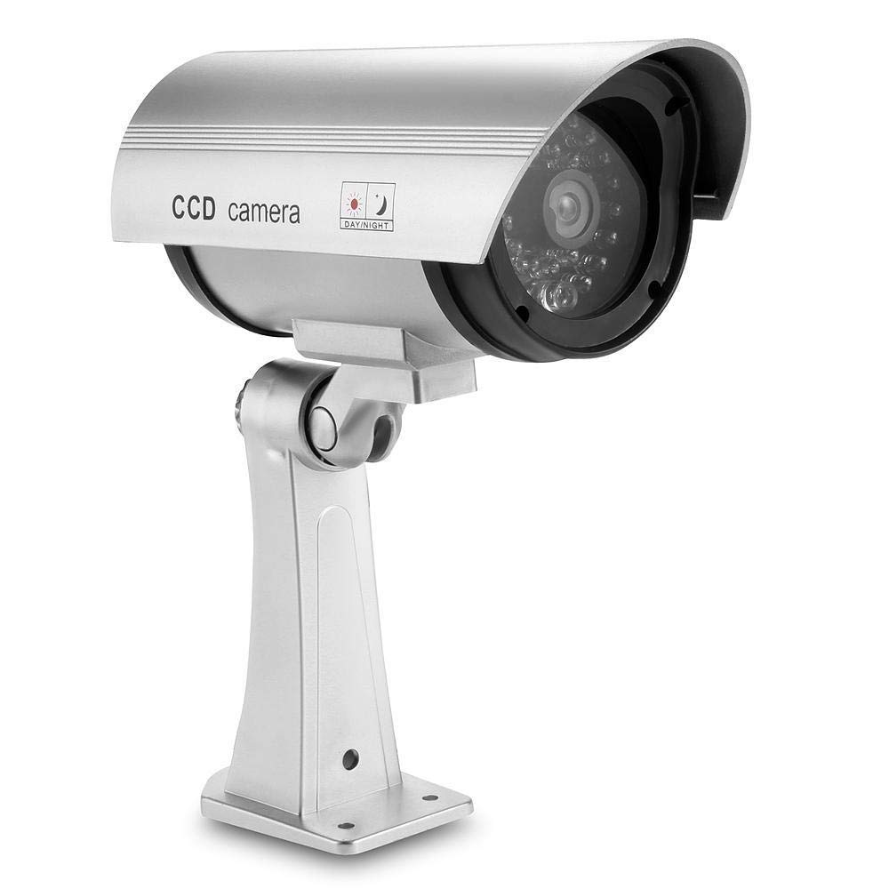 O&W Security Juego de 4 cámaras de vigilancia falsas – Dummy CCTV con lente y LED rojo intermitente, 360 ° ajustable, montaje en pared/techo, para interior y exterior, funciona con pilas