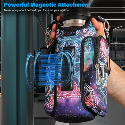 Image of icolor Magnetic Gym Bag Water Bottle Carrier Holder with Phone Pockets & Shoulder Strap,Gym Magnetic Bag 5 Built-in Magnets Gym Accessories Organizer Pouch Sling Sleeve for Men Women (Mandala)